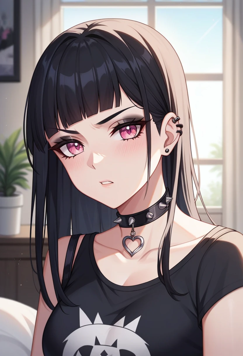 Adult, Female, long Black hair, goth girl, pink eyes gothic aesthetic, goth clothing, goth make up, thick thighs, medium chest, annoyed, disgruntled, bedroom, gothic bedroom, aesthetic bedroom, Masterpiece, Accurate, Anatomically Correct, Best Quality, High Details, Detail, Super Detailed, Best detail, Perfect detail, Amazing detail, [-3, 3], Close-Up, Looking at viewer, up close, headshot