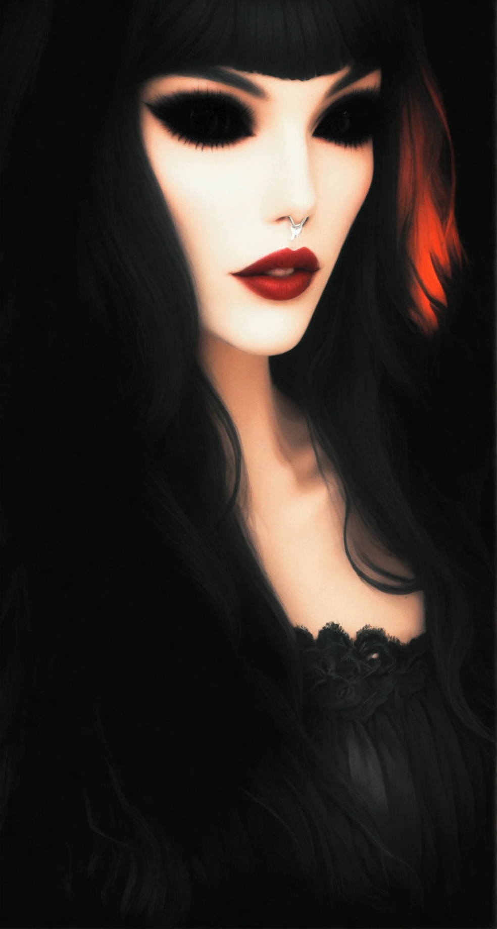 arafed woman with black hair and red lipstick and a black dress, sultry digital painting, cute face. dark fantasy, portrait of beautiful vampire, gothic girl face, beautiful vampire queen, dark fantasy portrait, gothic face, detailed face with red lips, beautiful female vampire, portrait of a dark goddess, dark vampire, beautiful vampire female queen