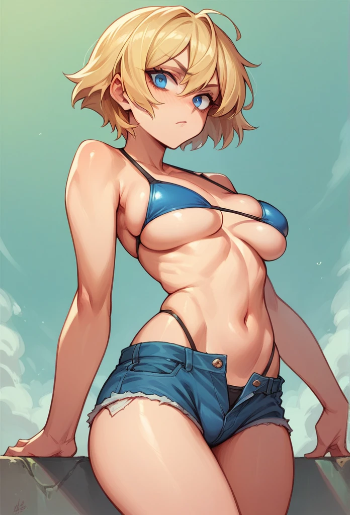 Blonde girl, Short hair, blue eyes, wearing tight denim shorts, with a mocking stressed face, full and shiny breasts, wearing a bikini 