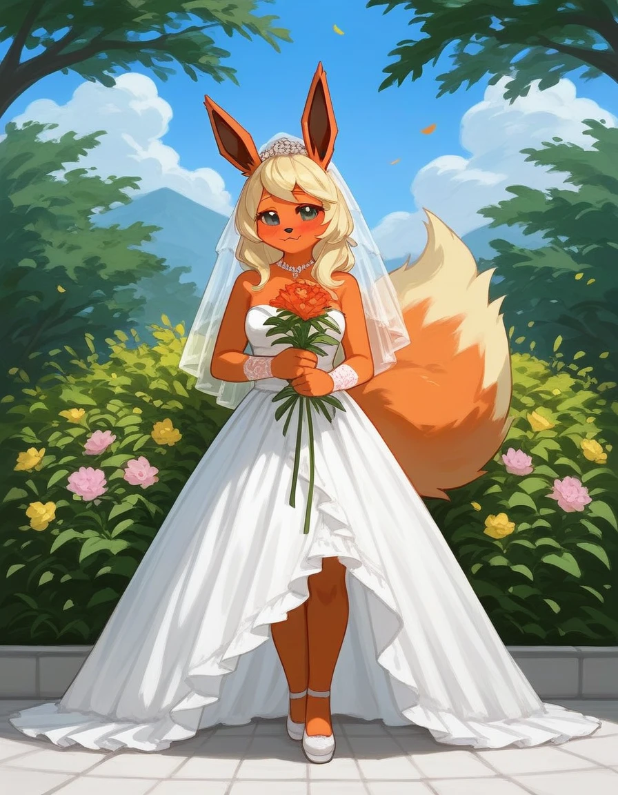 alone, score_9,score_8_up,score_7_up, an anthro furry female flareon girl, full body, wearing wedding dress, holding flowers, blushing, garden background.