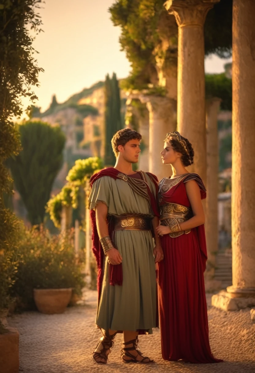 79 AD period Flavian period young beautiful very exotic Latin Mediterranean Italian Roman woman in feminine traditional Roman attire and aith a young Roman soldier in full Roman military attire and gearMasterpiece,quality,4k,Show a young 20 something couples in ancient Italy Latin Rome Italy males and females in detail,Bokeh/ with pastel shades tones colors ancient greek patterns designs Latin Roman Italy inn ancienr classic Roman Gardens