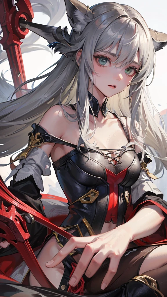 (Top resolution、Distinct_image)top-quality、(A fox girl) 、masterpiece、highly detailed, half body, Semi-realistic、green eyes 、18year old, silver hairs ,young 、Exquisite facial features、Facial features ,variation potrait, long hairstyles, , teenage, cool , cold sharp eyes, An expression of despair., Torn clothes, destroyed clothes, damaged clothing, all dirty, dirty, dirt, lifeless eyes, blood on face, , {Very detailed 8k CG unit wallpaper}, fantasy,