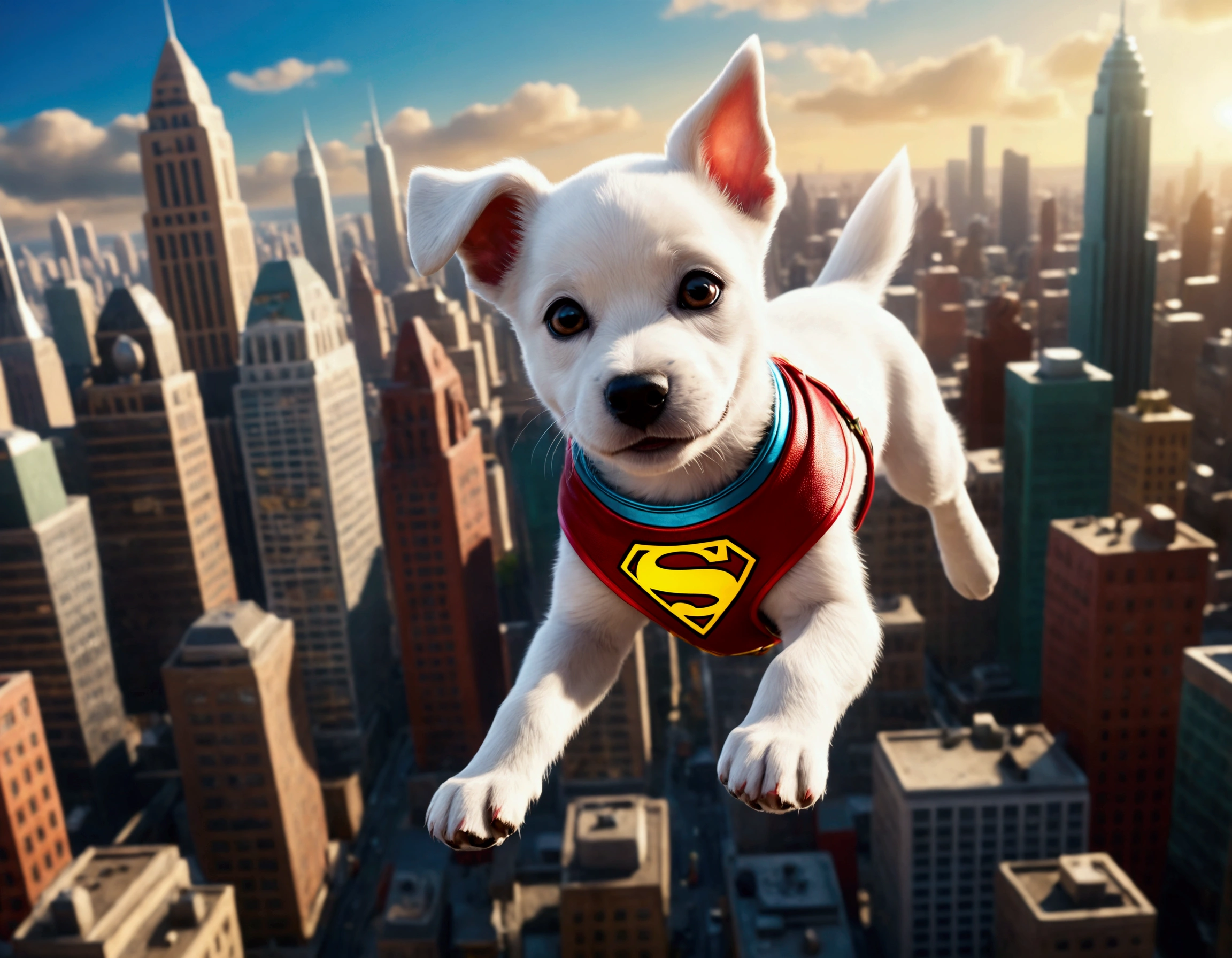 krypto the super puppy, happily flying over Metropolis looking for criminals to bring to justice, intricate detailed 3D rendering, photorealistic, high quality, cinematic lighting, vibrant colors, dynamic action pose, cityscape background, crisp focus, volumetric lighting, dramatic camera angle, heroic expression, muscular build, cute puppy eyes, adorable facial features, wagging tail, vibrant colors, high resolution