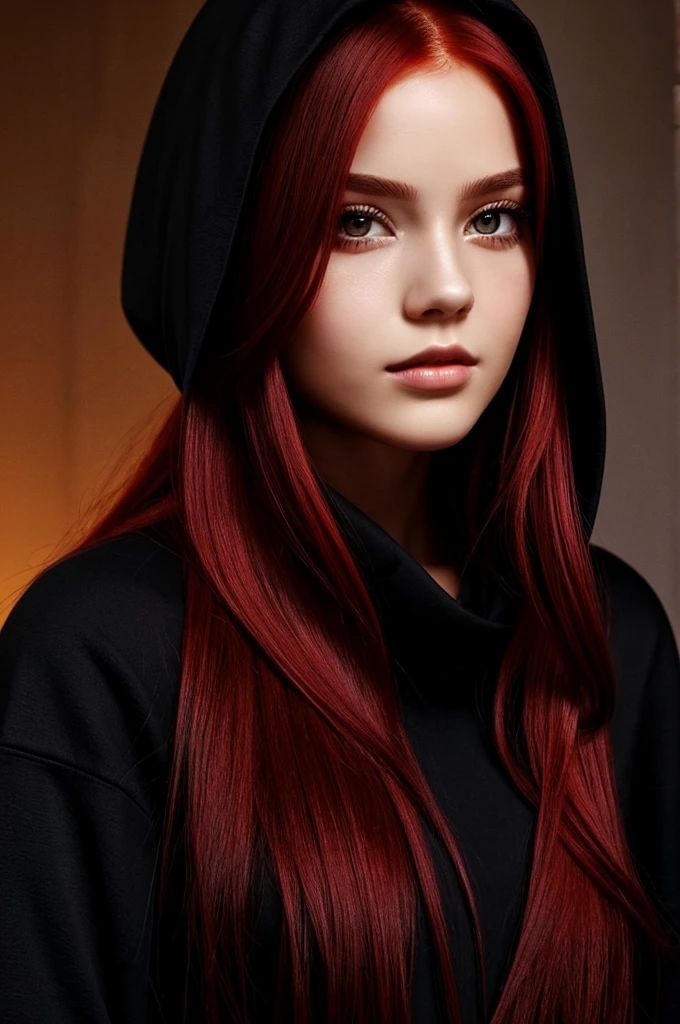dark style, Perfect pretty face with smooth skin., very young and beautiful girl, Fashion style, my things, long red hair, black hood, black eyes, evening