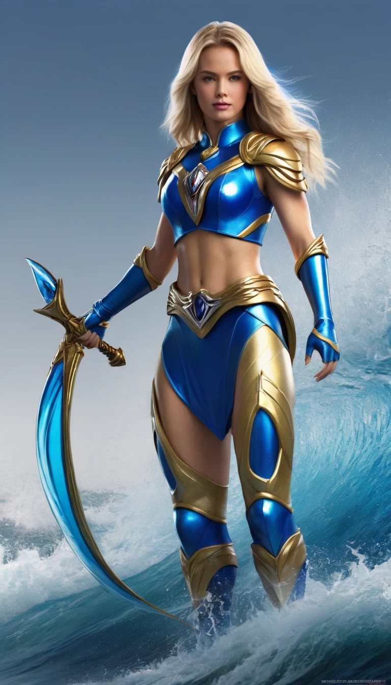character design sheet, power ranger, Woman, americana, blonde long hair, blue colored eyes, blue fabric armor, power gives water, water reference, mermaid symbol, not Mark Reiden style, Xue Wang, exquisite workmanship, high détail, 8k, realisitic, inscriptions with technical characteristics, character description given, your strengths are shown