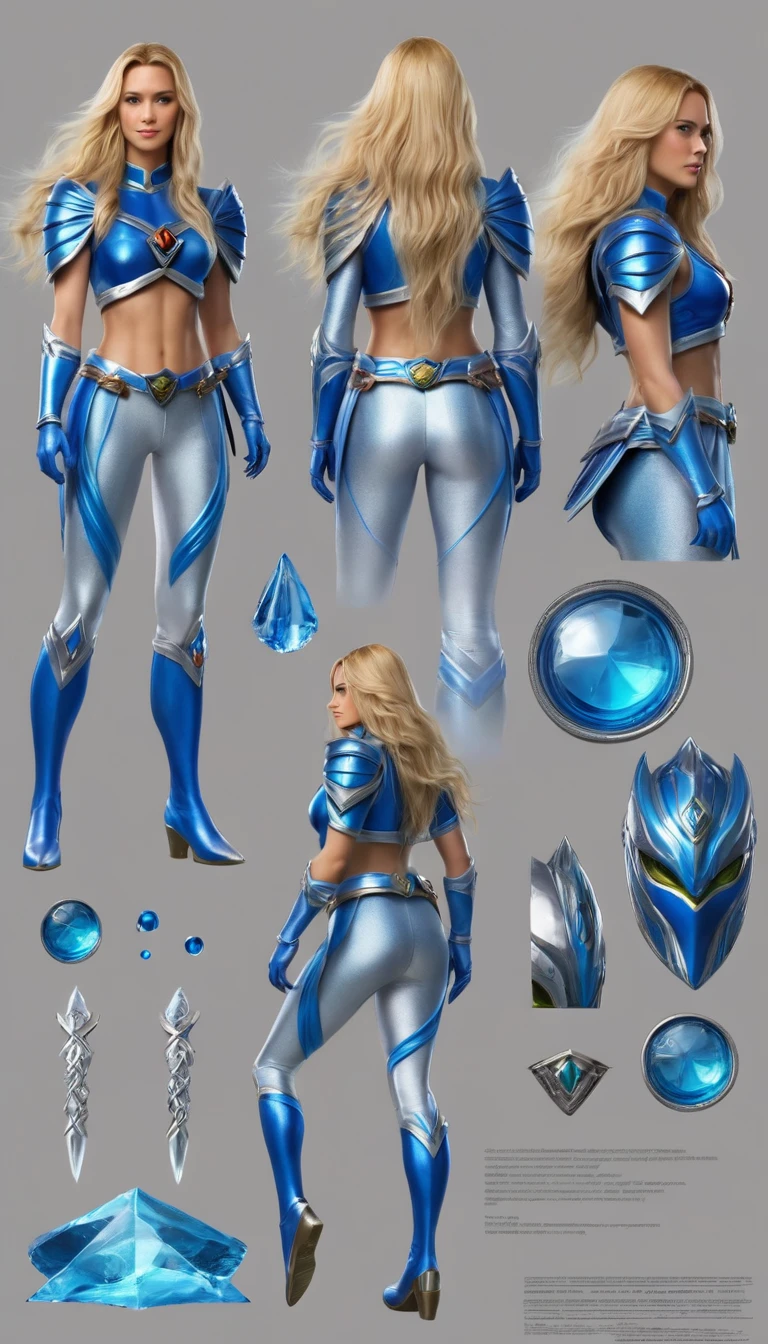 character design sheet, power ranger, Woman, americana, blonde long hair, blue colored eyes, blue fabric armor, power gives water, water reference, mermaid symbol, not Mark Reiden style, Xue Wang, exquisite workmanship, high détail, 8k, realisitic, inscriptions with technical characteristics, character description given, your strengths are shown