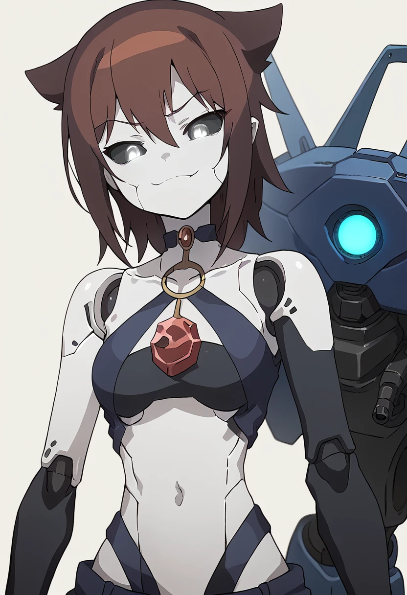 (Anime, 1girl, brown hair, grey eyes, dark punk clothes, punk clothes, portrait, Robot girl, Mecha, Android, joint limbs, robot joints, facial joints, metal pale skin, black sclera, no mouth, glowing eyes, no face, smug face), score_9, score_8_up, score_7_up