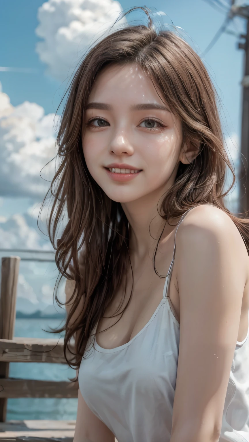 (8k, highest quality, masterpiece:1.2), (Realistic, photo-Realistic:1.37), Very detailed, 1 girl,cute, alone,Beautifully detailed skies,Date,(Red nose),(smile:1.15),(Mouth closed) Small breasts,Beautiful fine details, (Long Hair:1.2),Floating Hair NovaFrogStyle, Upper Body, Tank top