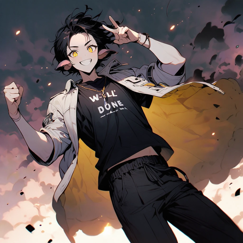 (well done: 1) man, shoulder-length black hair with a slight cream-colored gradient at the ends, white skin, sheep's ears, light dark circles, yellow eyes with rectangular horizontal pupils, loose white jacket, black t-shirt, black pants, sneakers white.