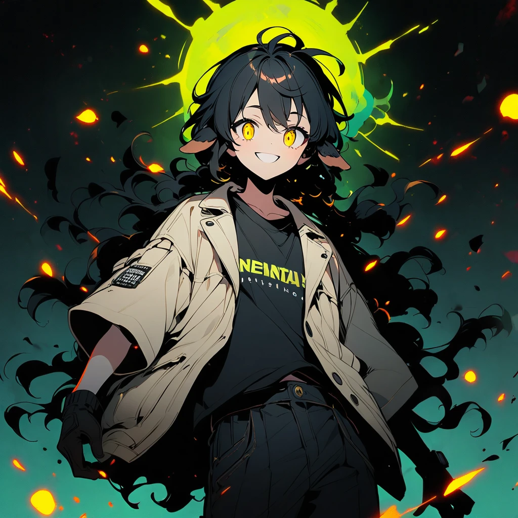(well done: 1) man, shoulder-length black hair with a slight cream-colored gradient at the ends, white skin, sheep's ears, light dark circles, yellow eyes with rectangular horizontal pupils, loose white jacket, black t-shirt, black pants, sneakers white.