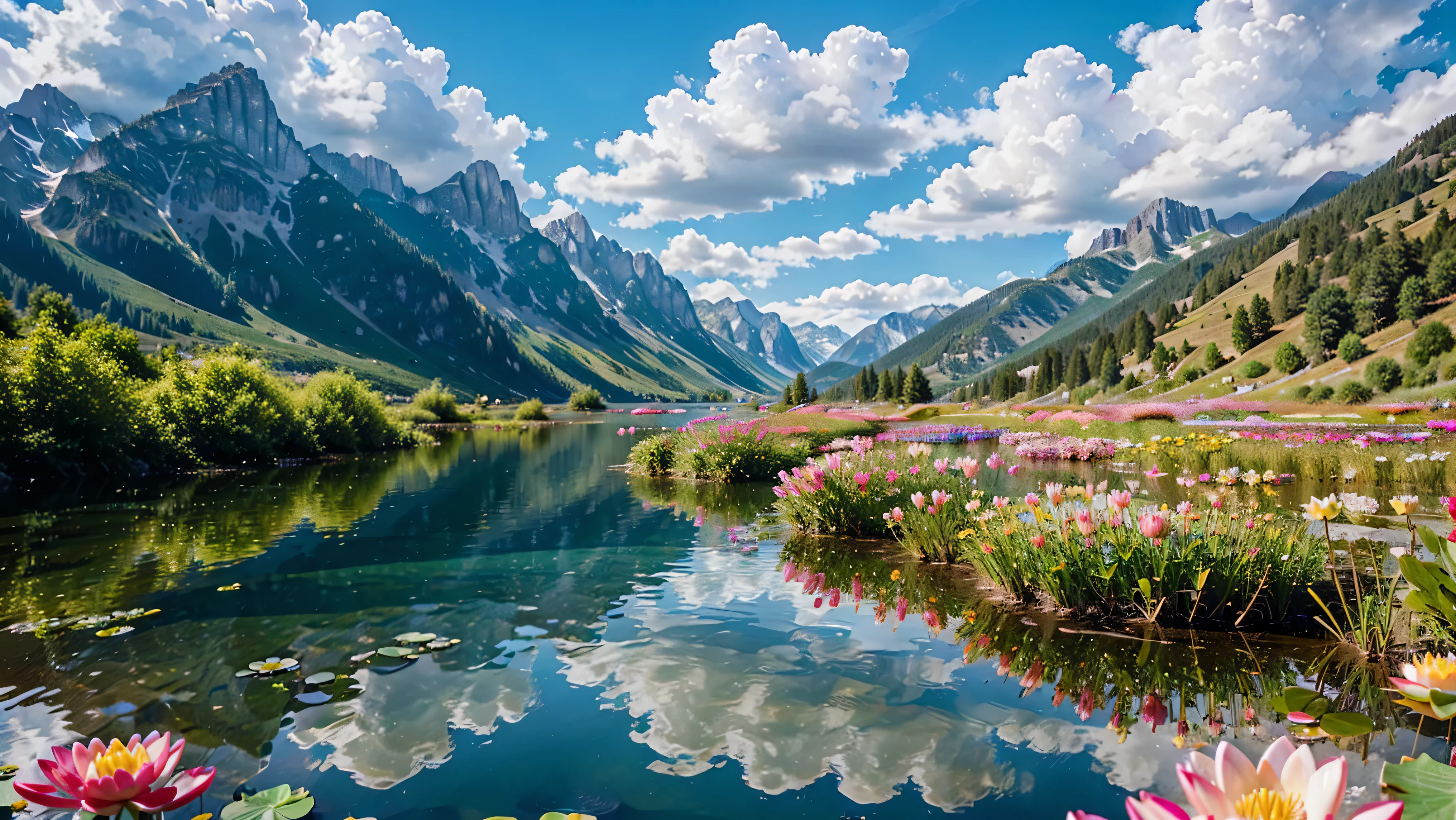 (create ultra-high definition, hyperrealisti, highy detailed, top quality picture, sharp focus, professional lighting, bright coloured, warm tones and intricate details, representing in detail a beautiful valley on a sunny day, with high mountain lake in the background, water lilies and crystal clear waters reflecting the clouds in the sky, floral flowers colorful, Lively atmosphere and laid-back attitude, meticulously capturing every intricate detail),
