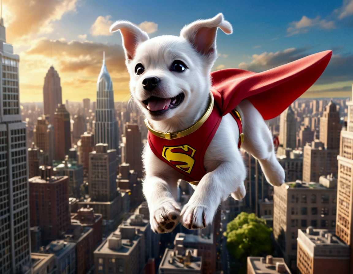 krypto the super puppy, happily flying over Metropolis looking for criminals to bring to justice, intricate detailed 3D rendering, photorealistic, high quality, cinematic lighting, vibrant colors, dynamic action pose, cityscape background, crisp focus, volumetric lighting, dramatic camera angle, heroic expression, muscular build, cute puppy eyes, adorable facial features, wagging tail, vibrant colors, high resolution