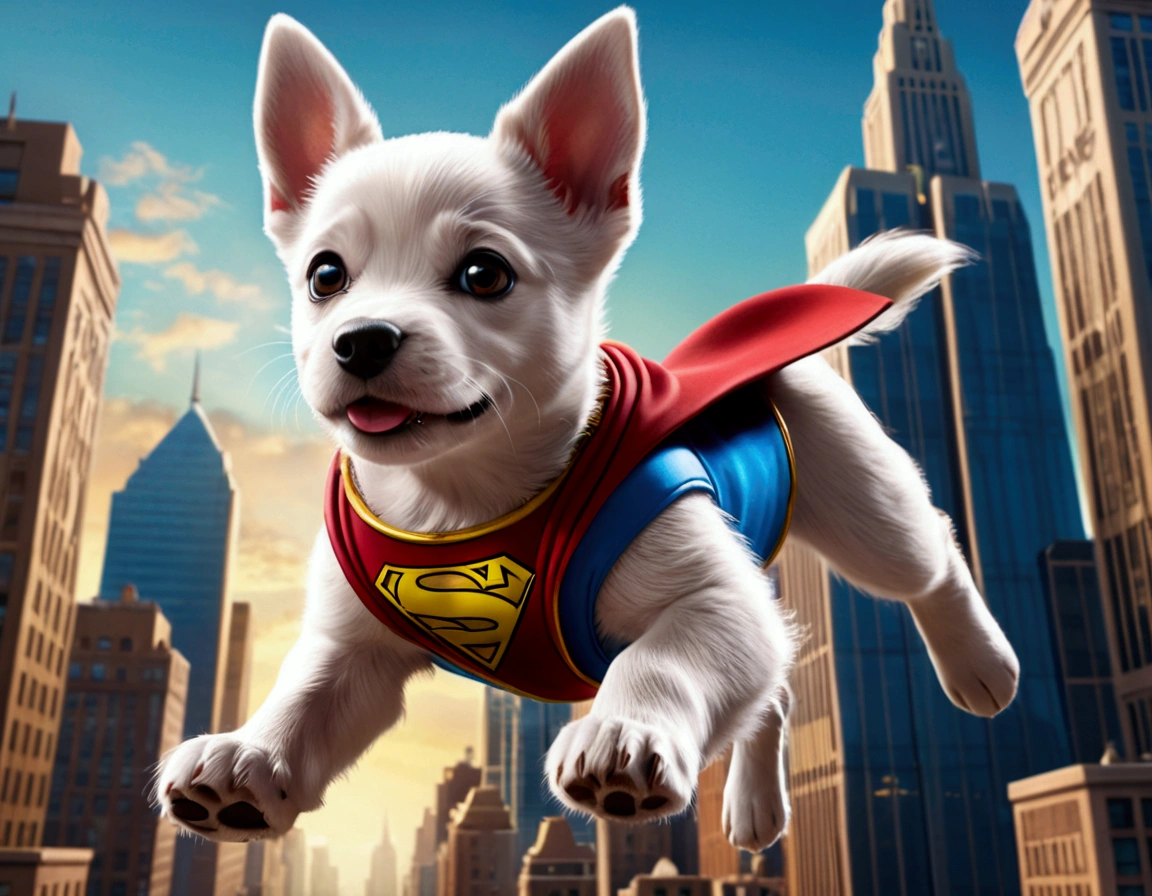 krypto the super puppy, happily flying over Metropolis looking for criminals to bring to justice, intricate detailed 3D rendering, photorealistic, high quality, cinematic lighting, vibrant colors, dynamic action pose, cityscape background, crisp focus, volumetric lighting, dramatic camera angle, heroic expression, muscular build, cute puppy eyes, adorable facial features, wagging tail, vibrant colors, high resolution
