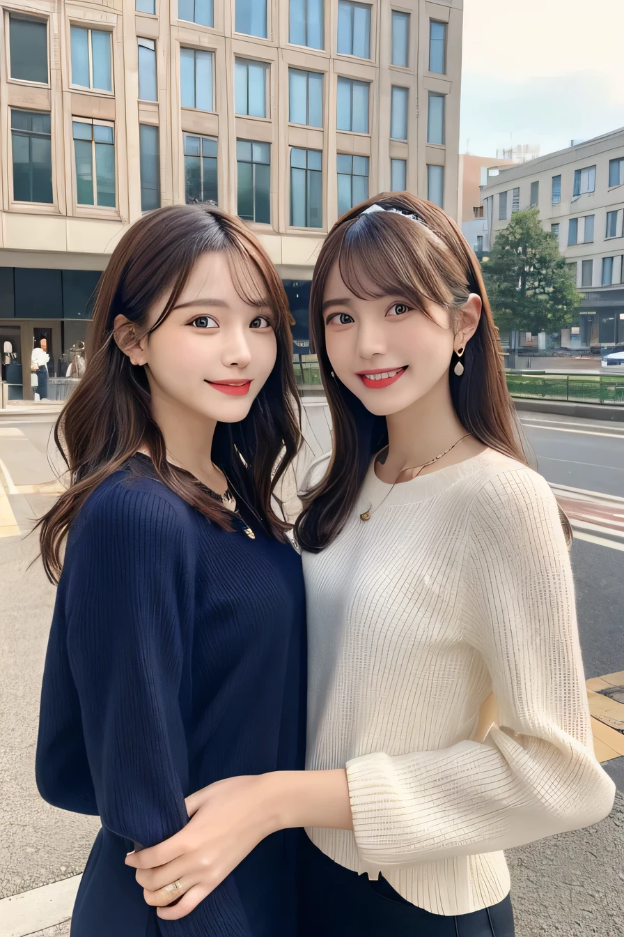 Highest quality, ,Two women standing side by side、smile、Beautiful teeth alignment、Light brown hair、Wavy Hair、hair band、Long sleeve blouse、ear piercing、necklace, ,、The background is the building&#39;s corridor.
