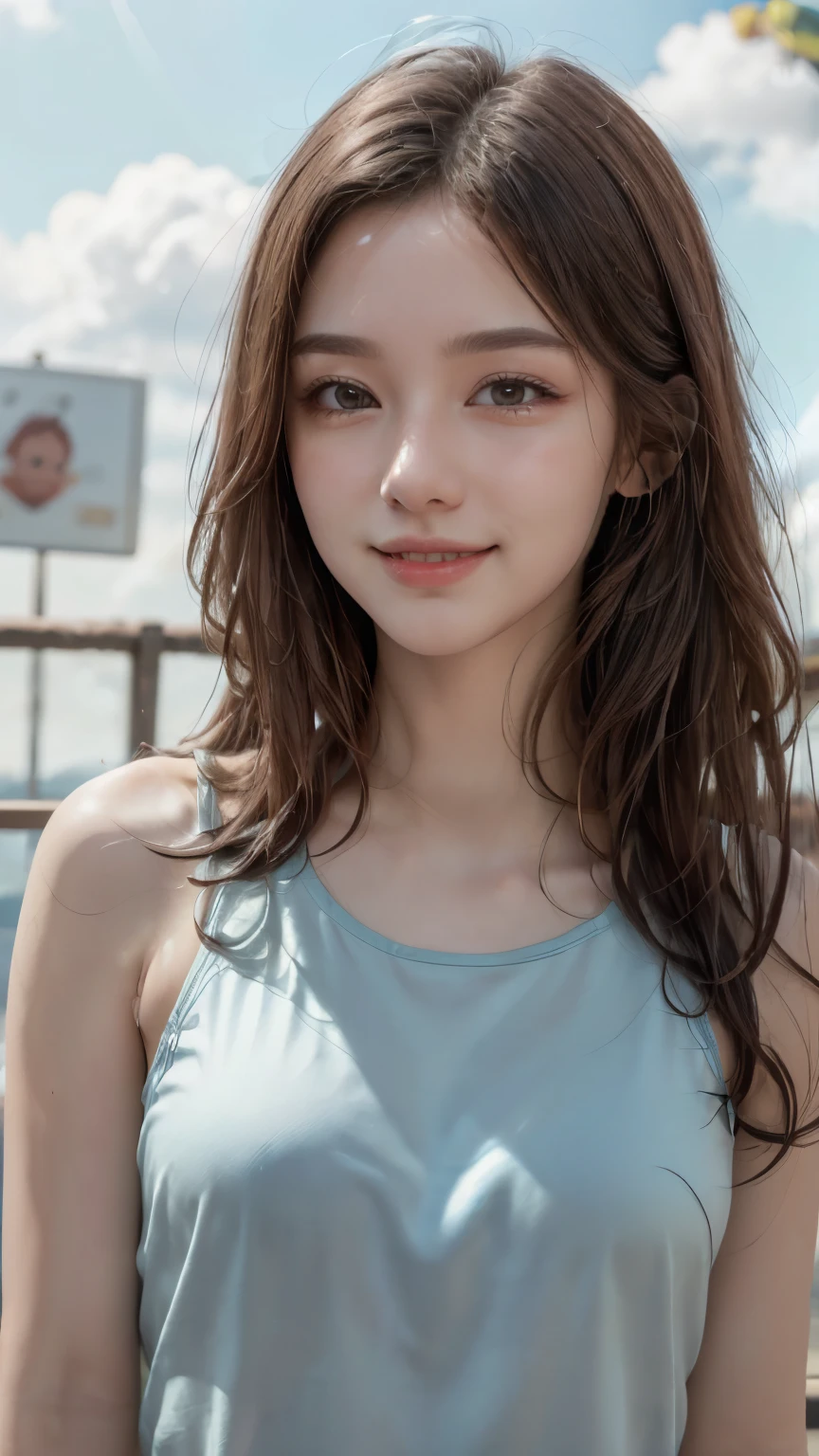 (8k, Highest quality, masterpiece:1.2), (Realistic, photo-Realistic:1.37), Very detailed, 1 girl,cute, alone,Beautifully detailed skies,date,(Red Nose),(smile:1.15),(Mouth closed) ,Beautiful details, (Long Hair:1.2),Floating Hair NovaFrogStyle, Upper Body, Tank top