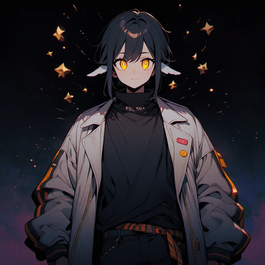 (well done: 1) man, shoulder-length black hair with a slight cream-colored gradient at the ends, white skin, sheep's ears, light dark circles, yellow eyes with rectangular horizontal pupils, loose white jacket, black t-shirt, black pants, sneakers white.