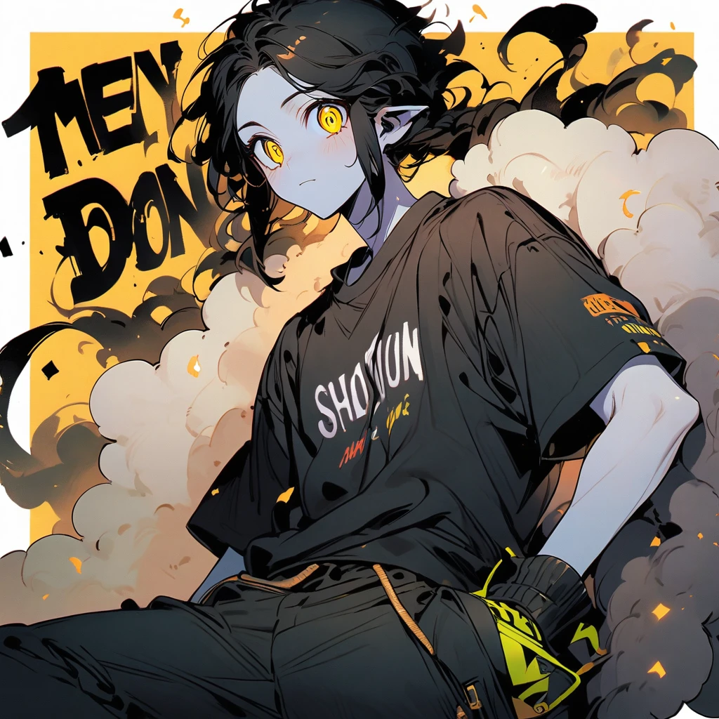 (well done: 1) man, shoulder-length black hair with a slight cream-colored gradient at the ends, white skin, sheep's ears, light dark circles, yellow eyes with rectangular horizontal pupils, loose white jacket, black t-shirt, black pants, sneakers white.