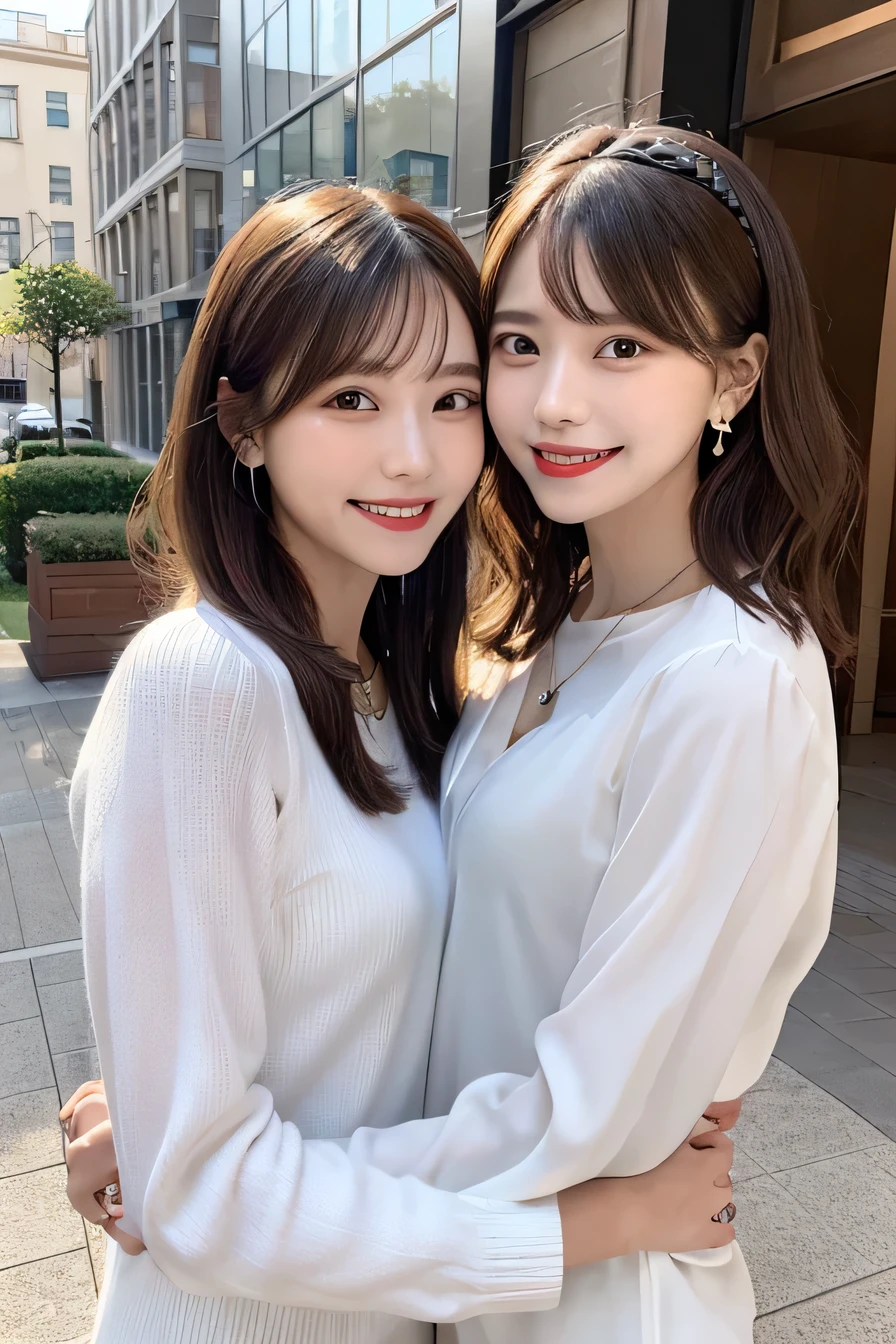 Highest quality, ,Two women standing side by side、smile、Beautiful teeth alignment、Light brown hair、Wavy Hair、hair band、Long sleeve blouse、ear piercing、necklace, ,、The background is the building's corridor.