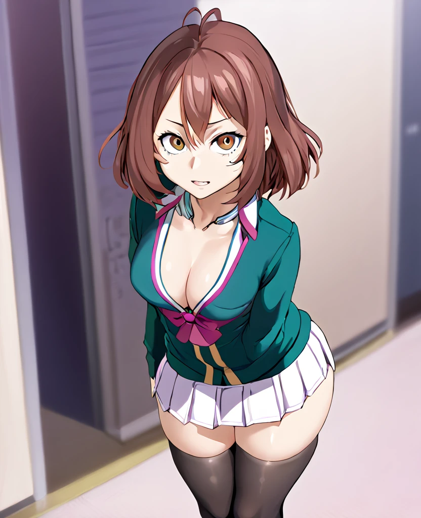 Ochako Uraraka from My Hero Academia wearing a micro skirt with a thong with a micro top working as a prostitute