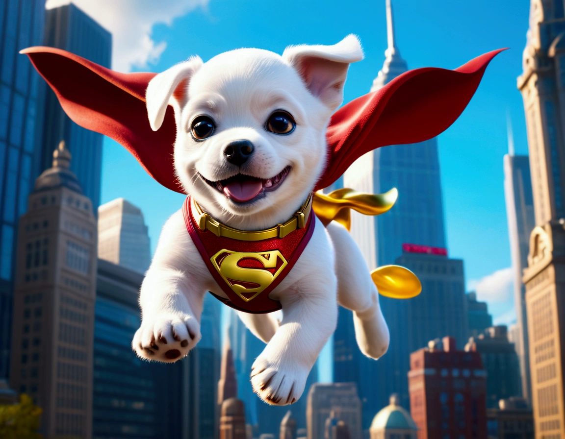 krypto the super puppy, happily flying over Metropolis looking for criminals to bring to justice, intricate detailed 3D rendering, photorealistic, high quality, cinematic lighting, vibrant colors, dynamic action pose, cityscape background, crisp focus, volumetric lighting, dramatic camera angle, heroic expression, muscular build, cute puppy eyes, adorable facial features, wagging tail, vibrant colors, high resolution