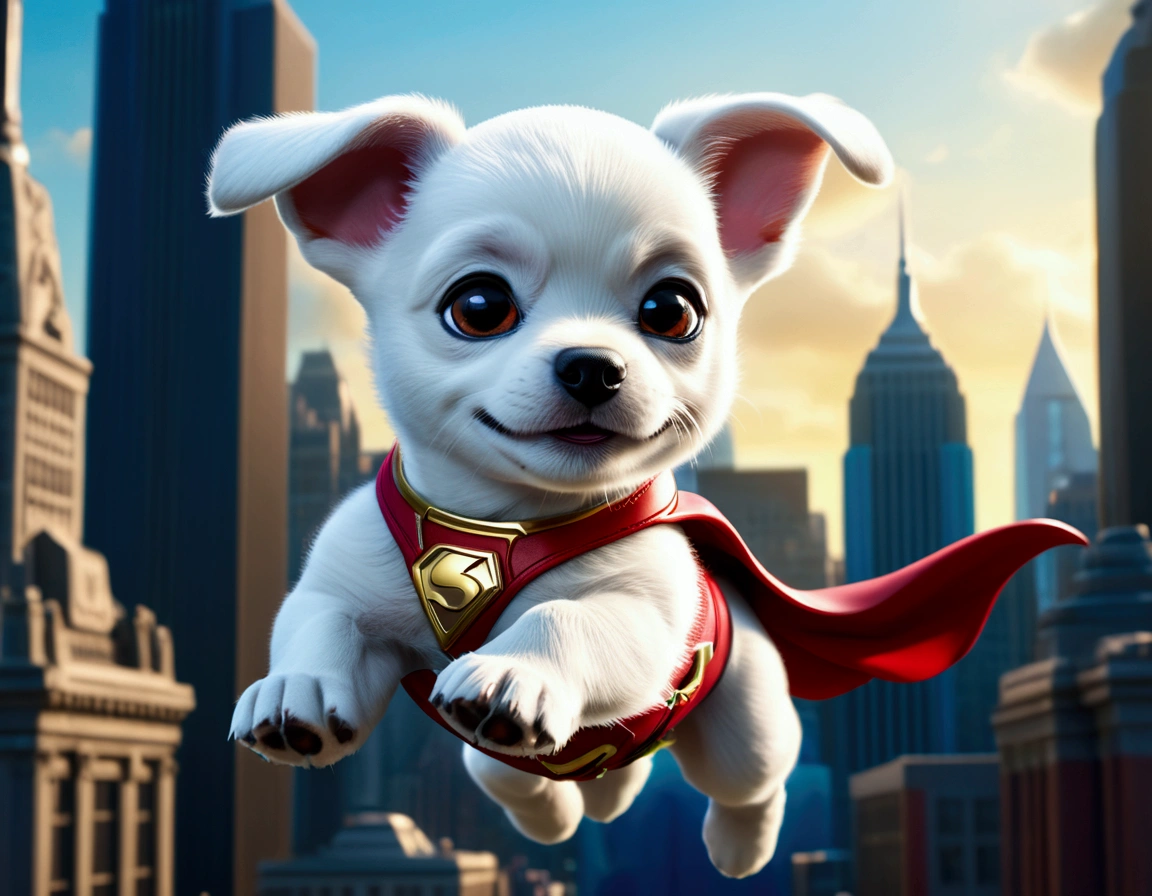 krypto the super puppy, happily flying over Metropolis looking for criminals to bring to justice, intricate detailed 3D rendering, photorealistic, high quality, cinematic lighting, vibrant colors, dynamic action pose, cityscape background, crisp focus, volumetric lighting, dramatic camera angle, heroic expression, muscular build, cute puppy eyes, adorable facial features, wagging tail, vibrant colors, high resolution