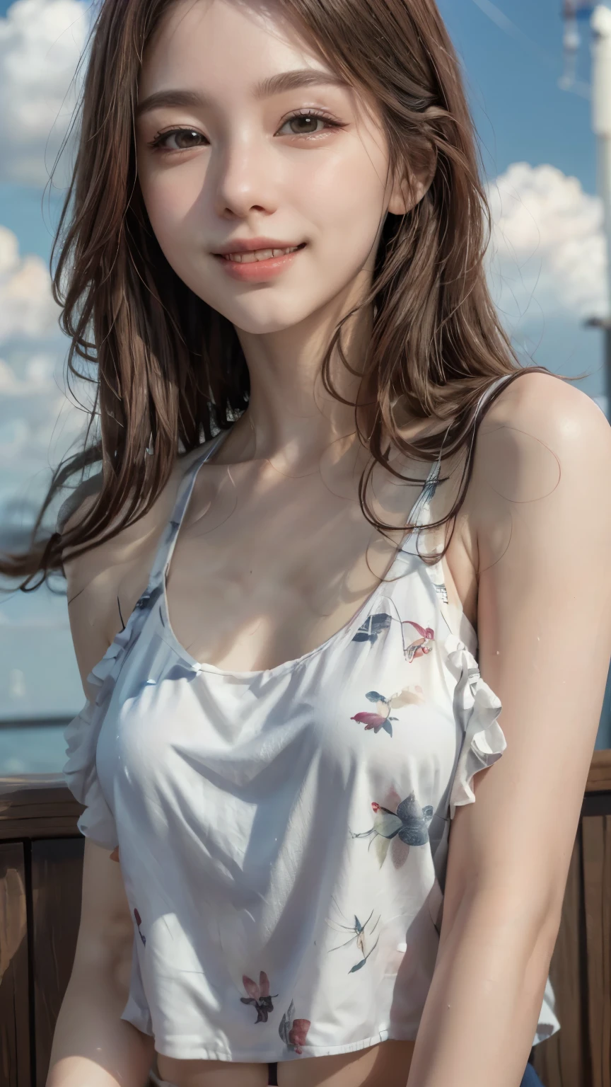 (8k, Highest quality, masterpiece:1.2), (Realistic, photo-Realistic:1.37), Very detailed, 1 girl,cute, alone,Beautifully detailed skies,date,(Red Nose),(smile:1.15),(Mouth closed) ,Beautiful details, (Long Hair:1.2),Floating Hair NovaFrogStyle, Upper Body, Tank top