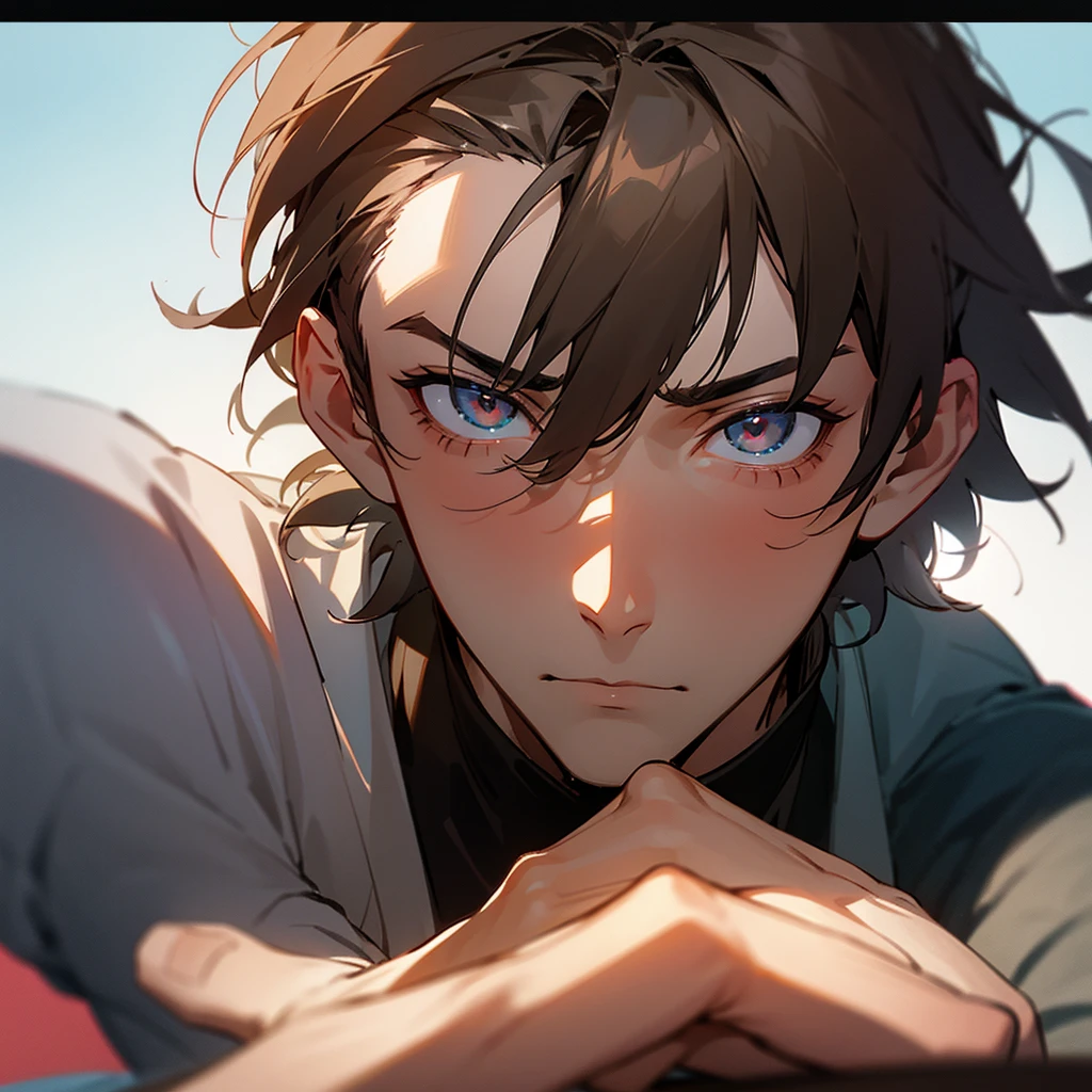 Generates an image of a man looking at another man with a growing tension of desire.
