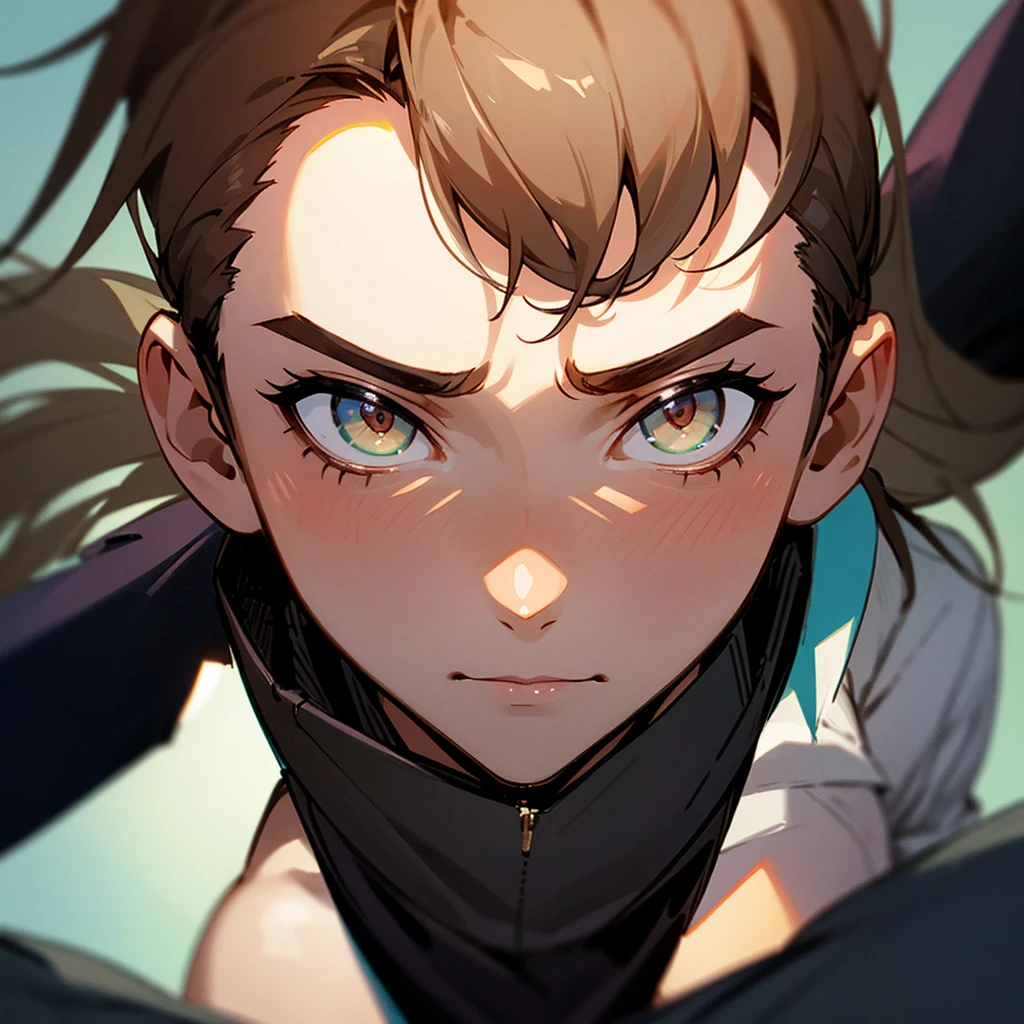 Generates an image of a man looking at another man with a growing tension of desire.