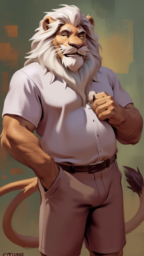 by chunie by catsudon by retros, male,ridiculuous,((mature,mature male)),((Bearded,mustache)), felid, solo, ((Lion,tail)),(white hair), facial hair, facing viewer, ((Highly detailed face)), (((Grandpa Figure))), ((smilling)), red and orange abstract background, ((white shirt)),((short pants)), smile, ((((wise)))),((DILF)),