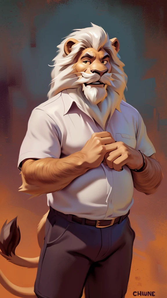 by chunie by catsudon by retros, male,ridiculuous,((mature,mature male)),((Bearded,mustache)), felid, solo, ((Lion,tail)),(white hair), facial hair, facing viewer, ((Highly detailed face)), (((Grandpa Figure))), ((smilling)), red and orange abstract background, ((white shirt)),((short pants)), smile, ((((wise)))),((DILF)),
