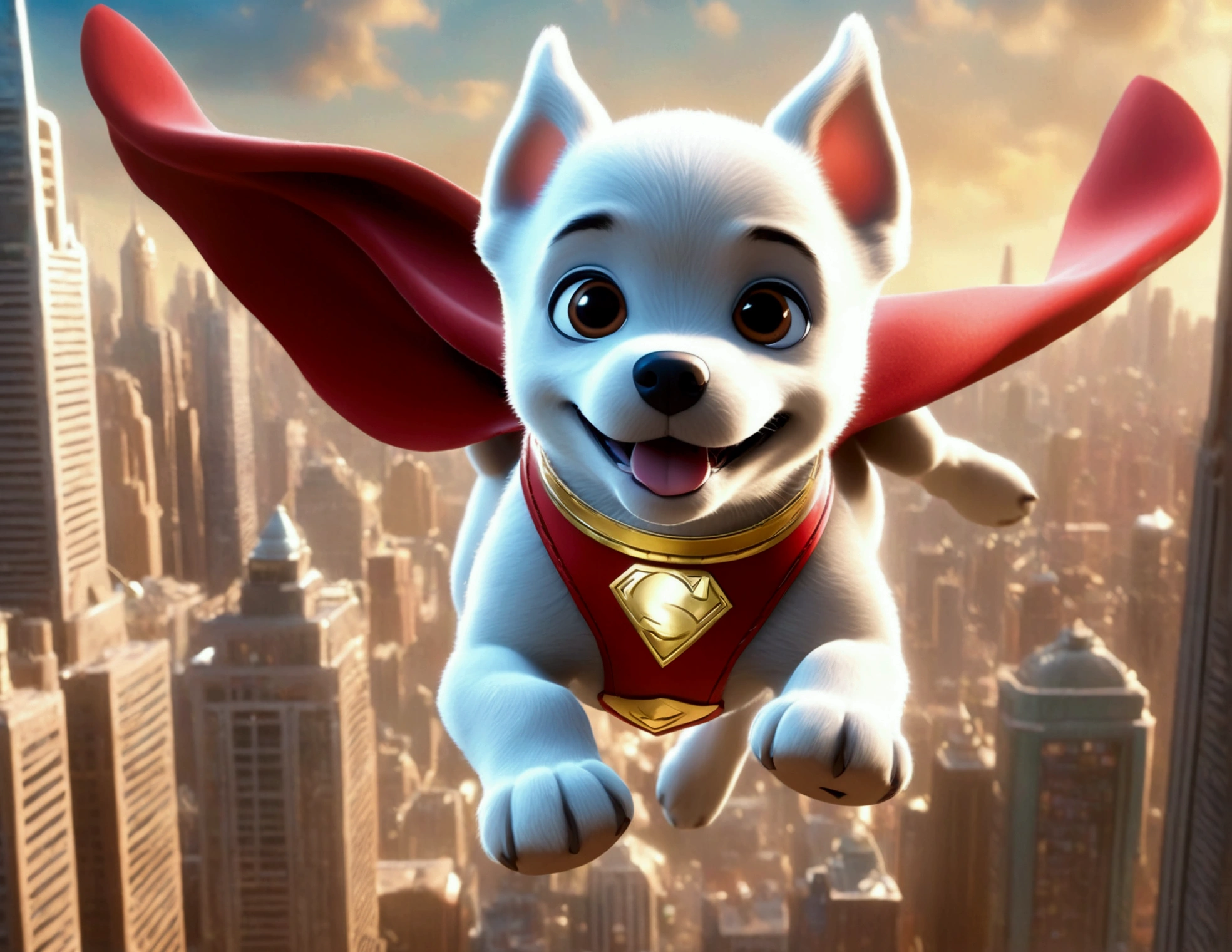 krypto the super puppy, happily flying over Metropolis looking for criminals to bring to justice, intricate detailed 3D rendering, photorealistic, high quality, cinematic lighting, vibrant colors, dynamic action pose, cityscape background, crisp focus, volumetric lighting, dramatic camera angle, heroic expression, muscular build, cute puppy eyes, adorable facial features, wagging tail, vibrant colors, high resolution