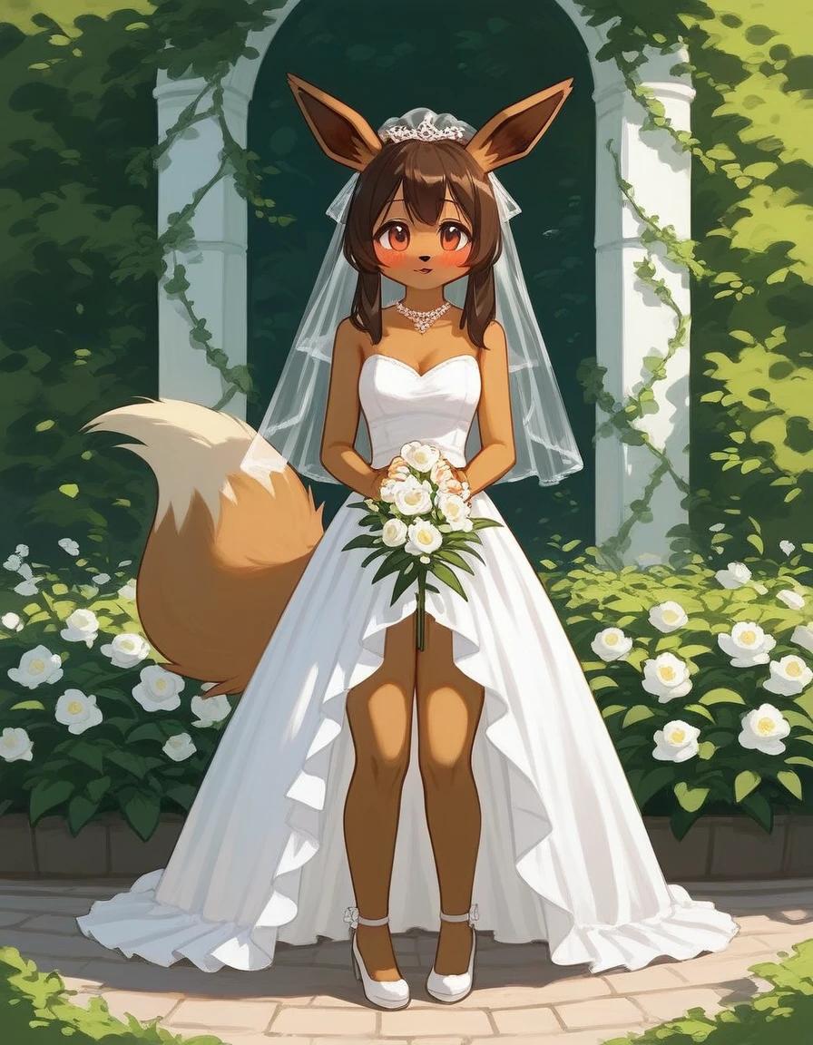 alone, score_9,score_8_up,score_7_up, an anthro furry female sylveon girl, black sclera, white eyes, full body, wearing wedding dress, holding flowers, blushing.