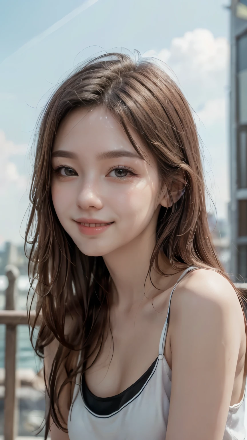 (8k, Highest quality, masterpiece:1.2), (Realistic, photo-Realistic:1.37), Very detailed, 1 girl,cute, alone,Beautifully detailed skies,date,(Red Nose),(smile:1.15),(Mouth closed) ,Beautiful details, (Long Hair:1.2),Floating Hair NovaFrogStyle, Upper Body, Tank top