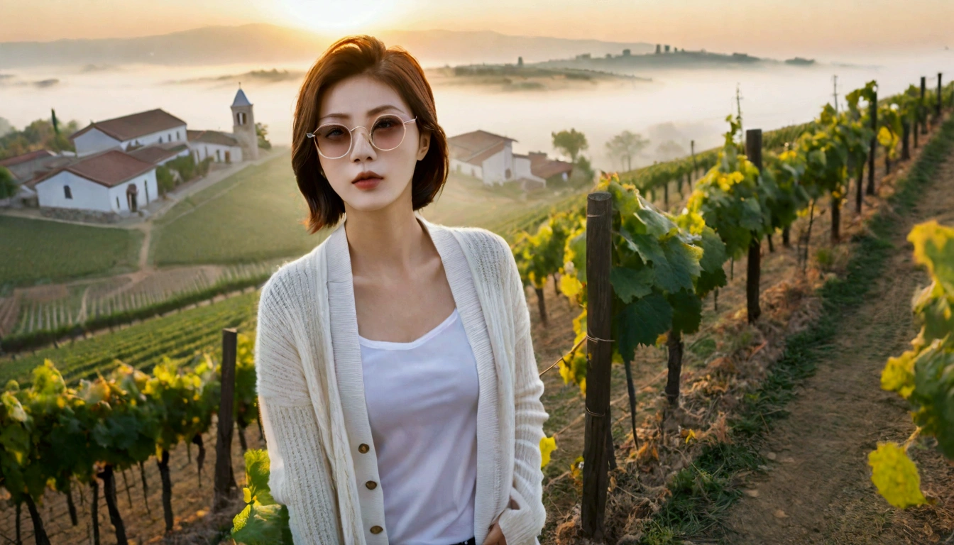8k, 36 year old Korean woman, pretty like a model, Short hair, White shirt and short cardigan, early morning fog before sunrise, path, vineyard, monastery, italian countryside village, Vivid picture quality, Realistic perfect picture quality, dawn fog, Wide angle lens shot from afar, black horn rimmed sunglasses