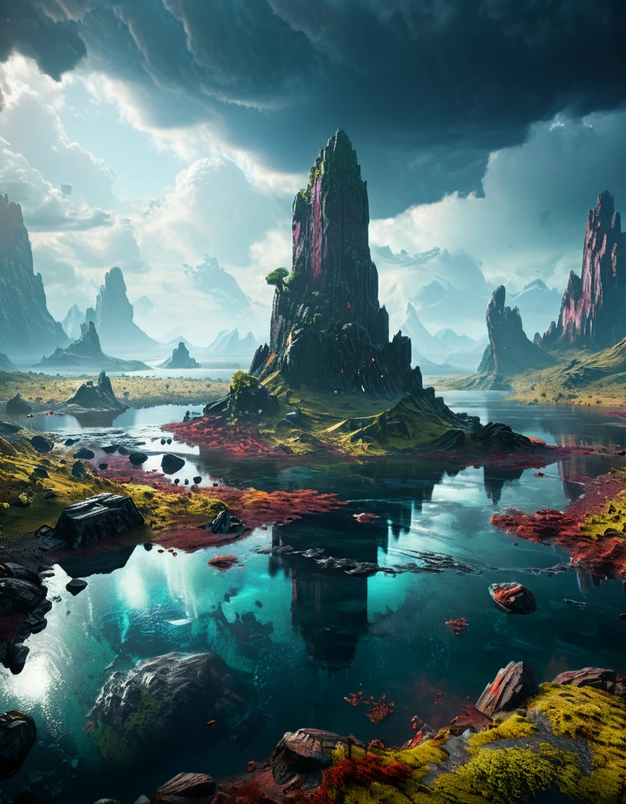 extremely detailed, landscape of an unknown planet, monolith, lake, cloudy weather, unreal engine 5, perfect composition, vibrant, rtx, hbao
