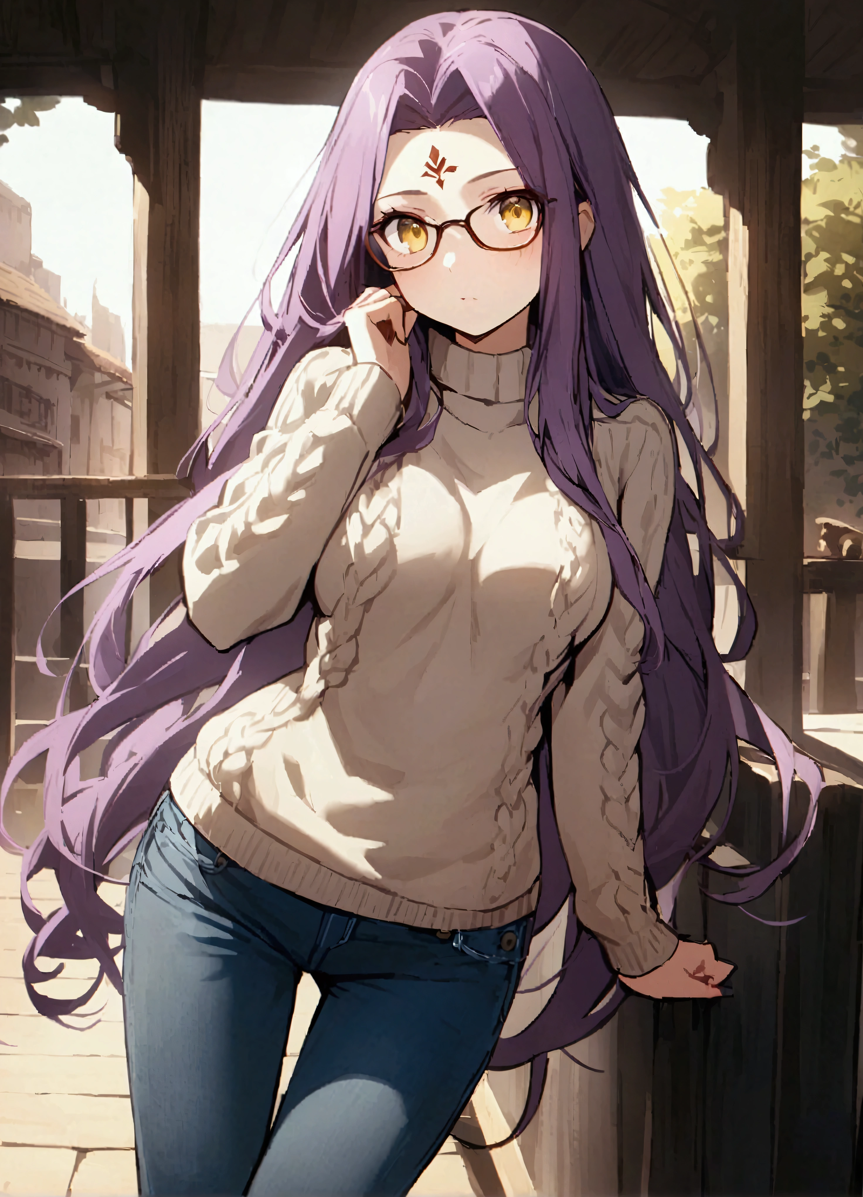 One girl、Medusa（rider）（Fate）、Glasses、、（Wool sweater：1.2）、jeans、Long Hair、Medusa（Fate）、Shoulder Bare、Purple Hair、Forehead mark、solo、Face mark、Yellow Eyes、Large Breasts、とてもLong Hair、Watching the viewer