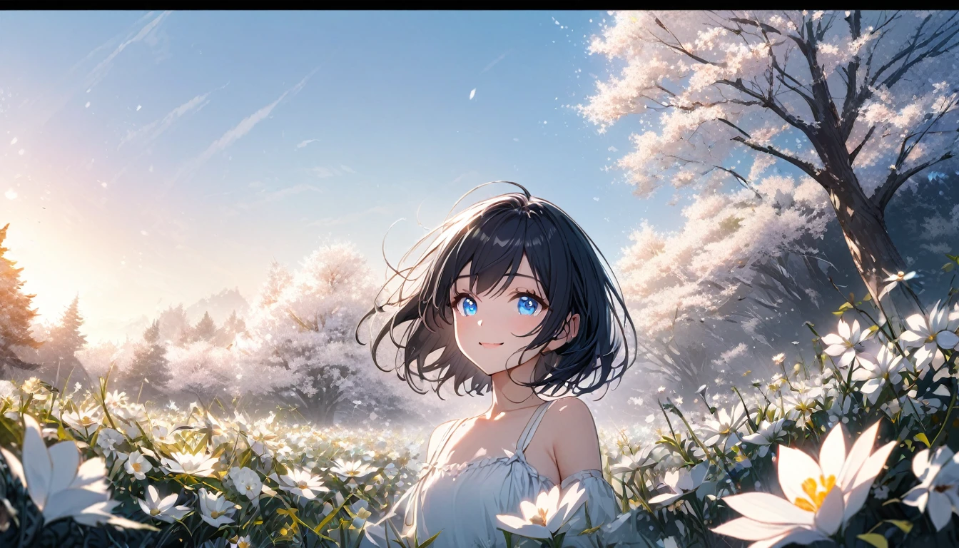 one Beautiful girl, solo, gentle smile on her face flat chest, short hair, black hair, blue eyes, (detailed eyes),Sunny day landscape images, Only landscapes with white flowers, Flower Field, unmanned, There are no animals, Lively, As if blown by the wind々Various kinds of flowers, , Soft lighting, Light background, ndividuality, Beautiful colors, Japanese white trees, standing