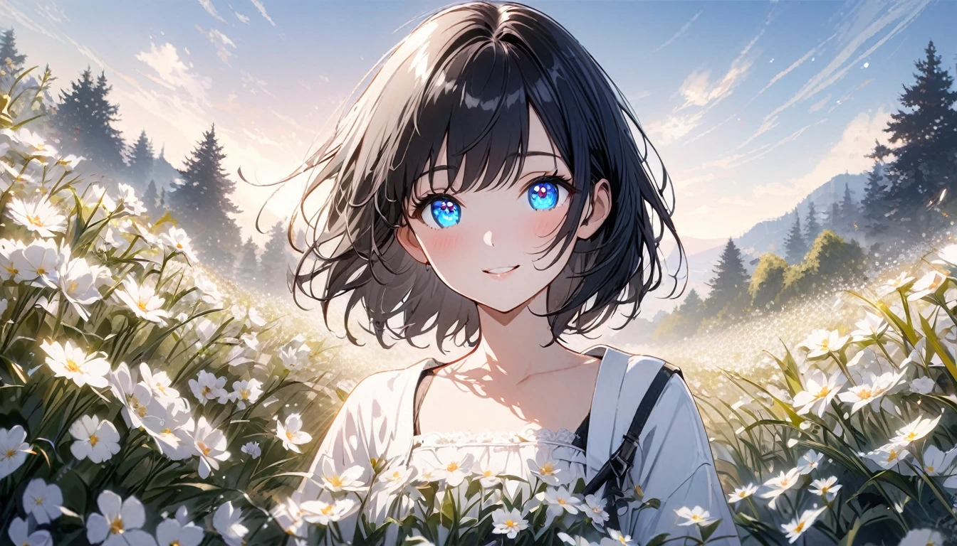 one Beautiful girl, solo, gentle smile on her face flat chest, short hair, black hair, blue eyes, (detailed eyes),Sunny day landscape images, Only landscapes with white flowers, Flower Field, unmanned, There are no animals, Lively, As if blown by the wind々Various kinds of flowers, , Soft lighting, Light background, ndividuality, Beautiful colors, Japanese white trees, standing