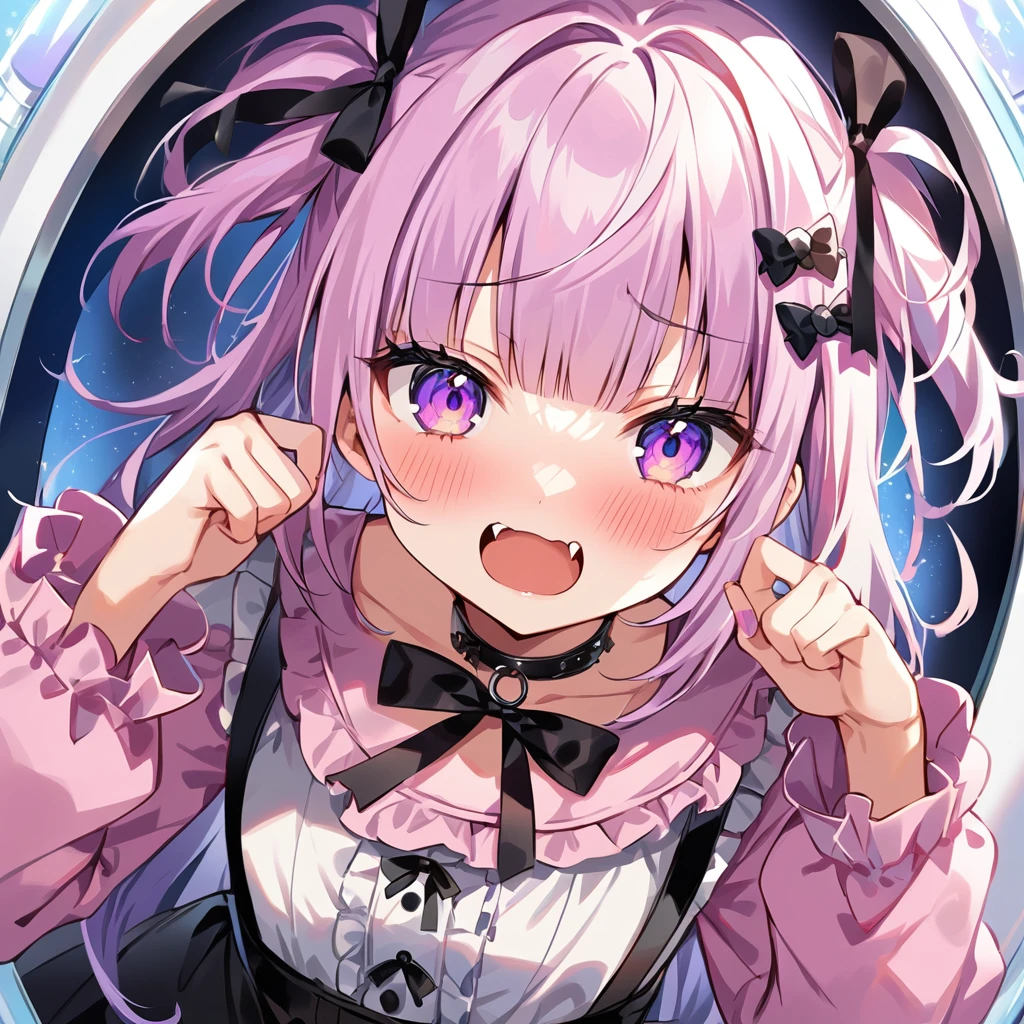 Top quality, masterpiece,a girl and a female,
, peal purple and blunt bangs hair, twin braids, eyes closed, mouth wide open and screaming, blushing, smilng,fangs,(a girl with closs hair pin,
pink shirt,cosplay, jirai kei, bangs, black skirt, black bow, looking at viewer, bow, long sleeves, choker, ribbon,:1.4),A girl whose whole body melts like slime,