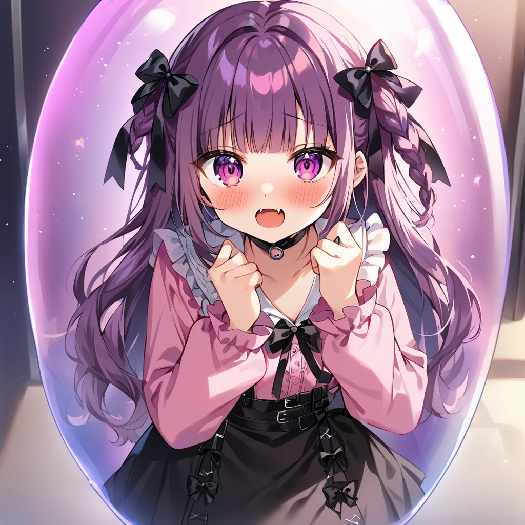 Top quality, masterpiece,a girl
, peal purple and blunt bangs hair, twin braids, eyes closed, mouth wide open and screaming, blushing, smilng,fangs,(a girl with closs hair pin,
pink shirt,cosplay, jirai kei, bangs, black skirt, black bow, looking at viewer, bow, long sleeves, choker, ribbon,:1.4),A girl staring at us from inside a cryogenic sleep capsule.