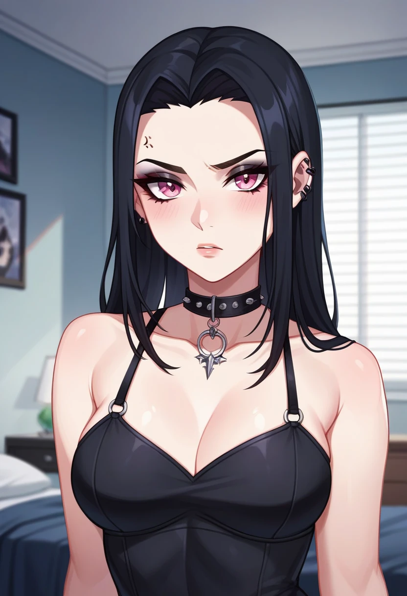 Adult, Female, long Black hair, goth girl, pink eyes gothic aesthetic, goth clothing, goth make up, thick thighs, medium chest, annoyed, disgruntled, bedroom, gothic bedroom, aesthetic bedroom, Masterpiece, Accurate, Anatomically Correct, Best Quality, High Details, Detail, Super Detailed, Best detail, Perfect detail, Amazing detail, [-3, 3], Close-Up, Looking at viewer, up close, headshot