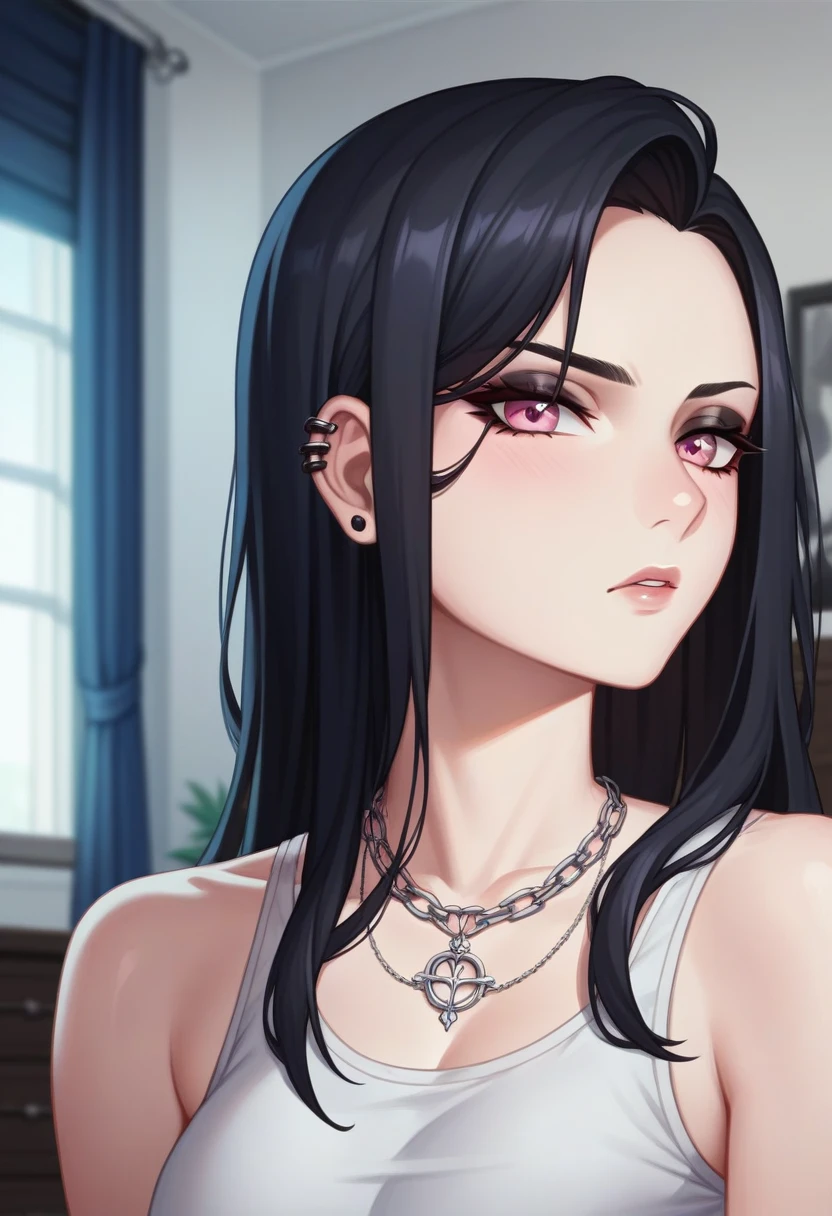 Adult, Female, long Black hair, goth girl, pink eyes gothic aesthetic, goth clothing, goth make up, thick thighs, medium chest, annoyed, disgruntled, bedroom, gothic bedroom, aesthetic bedroom, Masterpiece, Accurate, Anatomically Correct, Best Quality, High Details, Detail, Super Detailed, Best detail, Perfect detail, Amazing detail, [-3, 3], Close-Up, Looking at viewer, up close, headshot