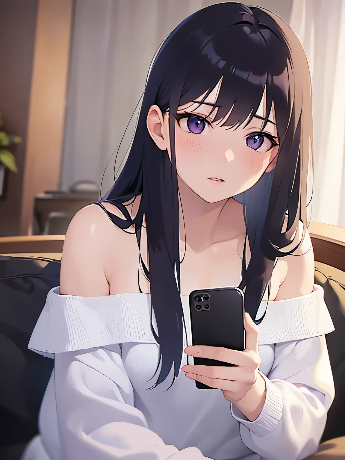 side angle, (looking away:1.5), holding a phone, Biologically correct five fingers、Upper Body, Realistic, real person, (pale skin: 1.2), RAW photo, photorealistic, shiny skin, shiny hair、(A 25-year-old woman with straight hair and bangs) and (medium hair) and (black hair) and (purple eyes) , (white) and (off shoulder blouse)、sad, (blush:1.3), open mouth, The background is the living room at night、Alone、
