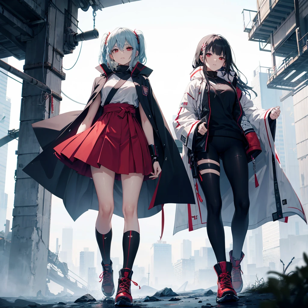 (Tabletop, Highest quality), (Perfect athletic body: 1.2), (Fine hair), Super Detailer, Anime Style, whole body, alone, Cyberpunk Karate Girl, Sea green twin hairstyle with red eyes, Wearing a shabby cloak and red skirt, Wearing long boots, Burnt mechanical limbs, giant limbs, a burning hole in my chest, Standing in the Wilderness, 8K high resolution, White Background, whole body, Fighting Pose, (（woman&#39;purple-black flame&#39;Fist of））Bullish appearance