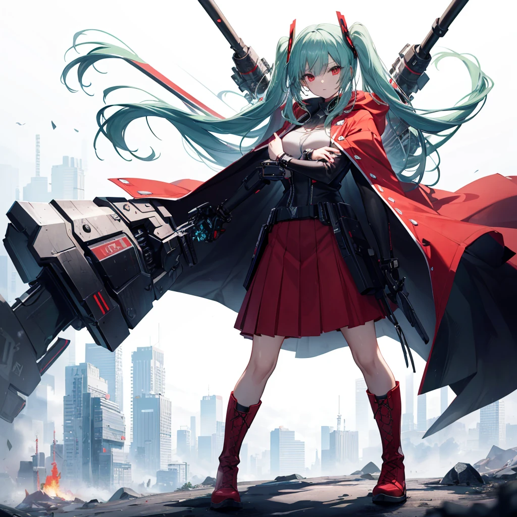 (Tabletop, Highest quality), (Perfect athletic body: 1.2), (Fine hair), Super Detailer, Anime Style, whole body, alone, Cyberpunk Karate Girl, Sea green twin hairstyle with red eyes, Wearing a shabby cloak and red skirt, Wearing long boots, Burnt mechanical limbs, giant limbs, a burning hole in my chest, Standing in the Wilderness, 8K high resolution, White Background, whole body, Fighting Pose, ((woman'purple-black flame'Fist of))Bullish appearance