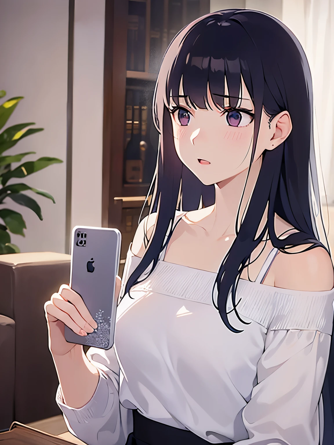 Anime girl with long black hair holding a cell phone - SeaArt AI