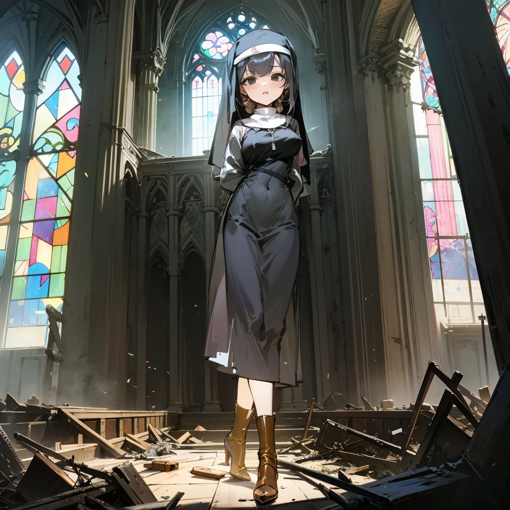 (solo), 1 skinny nun, (black sheer nun's robe), large breasts, stiletto heels, BREAK, black short hair, long sidelocks, black eyes, BREAK, short torso, skinny waist, skinny long legs, BREAK, old rotten church, devastated ruin, stained glass, BREAK, orgasm, coverd erectile nipples