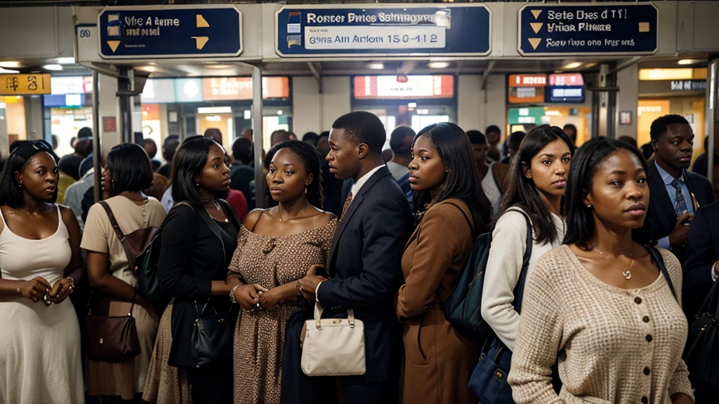 A crowded train station. Hundreds of African Americans lined up waiting to board the train, Their eyes look towards a brighter future. Directional signs and ticket sales create a bustling atmosphere