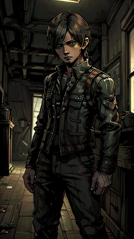 best quality,masterpiece,1man,solo,(((20years old))),japanese man,an extremely cute and handsome boy,highly detailed beautiful face and eyes,petit,cute face,lovely face,baby face,shy smile,show teeth, Brown hair,Short hair,flat chest,skinny,slender,(((wearing a RE6Leon costume))),(((standing in reelunsettling dark indoors room))),he is looking at the viewer, StopMotion