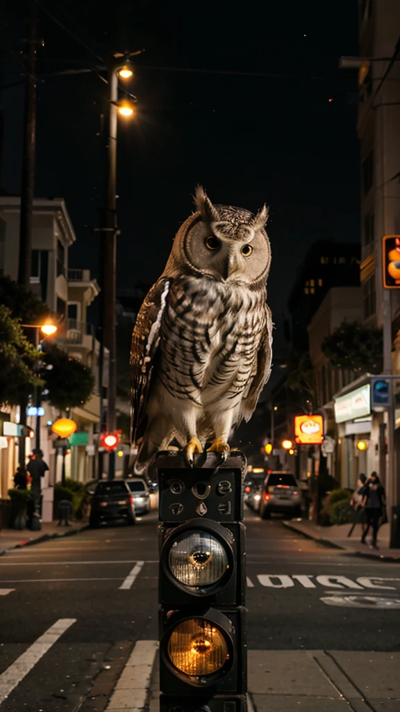 Street in San Francisco, evening, many business lights, owl stopped at a traffic light 